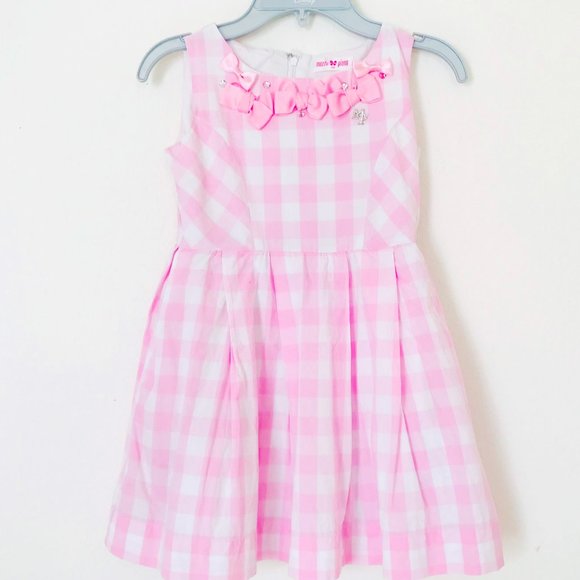 Mezzo Piano Japan Brand Girls Pink White Plaid Bow Flared Dress 130 6 7 8 - Picture 3 of 8